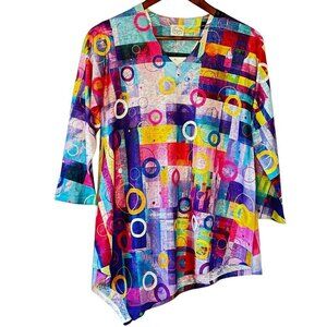 Et' Lois Moon Tunic NEW Multicolor V Neck Asymmetrical Hem 3 Qtr Sleeve Size S
